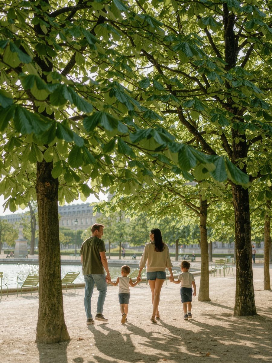 A family walking together through a park in Paris on a sunny morning